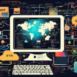 Create an artistic collage featuring the concept of a 'Usenet Reader.' Include elements such as an old computer screen displaying a Usenet interface, vibrant text-based commands, colorful threaded discussions, and iconic symbols of information exchange like binary code, clouds of data, and digital links. Surround the central image with tips and recommendations visually represented through symbols like lightbulbs, check marks, and advice banners. The background should be a blend of retro digital aesthetics with modern technological flair.