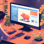 Create an illustration depicting a cozy digital environment where a person is using a computer to access Usenet. Surround them with visual elements that represent frugality, such as a piggy bank, coupons, and a budget planner. The room should have a warm, inviting atmosphere with soft lighting and plants, suggesting a focus on smart surfing habits. Include subtle symbols of technology, like old-school Usenet logos or retro gadgets, to emphasize the blend of modern and vintage aspects of online exploration.