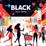Create an enticing Black Friday-themed graphic featuring a digital marketplace scene, showcasing discounted Usenet access packages. Include vibrant sale banners, festive decorations, and an illustration of a happy customer exploring the internet with various Usenet features highlighted. Incorporate a 'Black Friday Sale' label and elements like shopping carts and online browsing to emphasize savings on internet services.