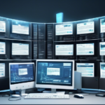 An organized digital library with multiple servers connected by sleek data cables, showcasing various Usenet newsgroups and articles on modern computer monitors. Each screen displays content, including text posts, images, and data graphs. A magnifying glass hovers over one server, symbolizing evaluation and selection, with a tag that reads 'Der Beste Usenet-Dienst.'