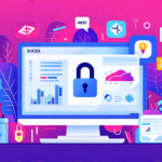Create an illustration showcasing the benefits of using UsenetServer. The scene should include a person confidently navigating through a clean interface on their computer, shielded by a secure digital lock icon representing privacy. Surround them with various icons representing fast download speeds, extensive data access, and reliable customer support, symbolizing efficiency and comprehensive service. The background should exude a professional and secure atmosphere, highlighting a worry-free experience.