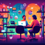 Create a detailed digital illustration of a person sitting at a computer, exploring the world of 'Kostenloser Usenet'. The screen displays various discussion groups and colorful icons representing different categories like science, technology, and entertainment. The background should reflect a typical home office setting, with bookshelves and cozy lighting. Include visual elements like a Wi-Fi symbol and digital threads connecting people globally, emphasizing the concept of free Usenet access and information exchange.